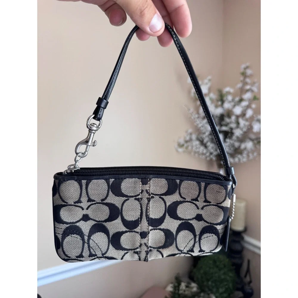 Coach Signature C Wristlet Black Gray Canvas Leather Trim Logo Pouch